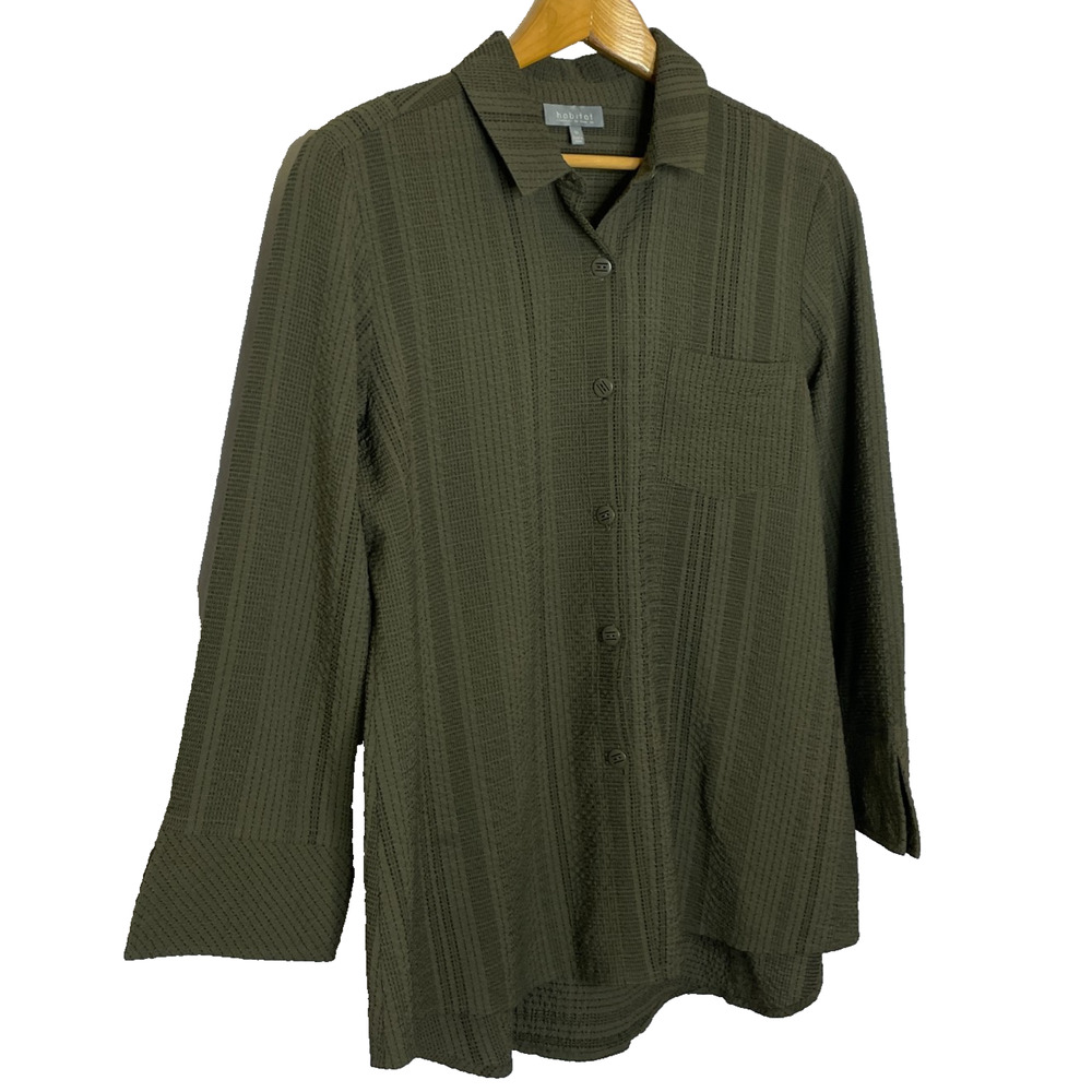 Women's Medium Habitat Lagenlook Green Embroidered Button Down - Picture 2 of 5